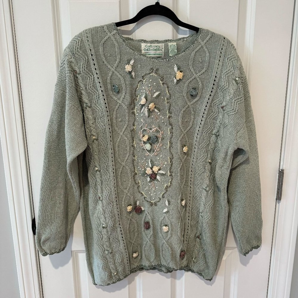 Vintage Floral Applique Green Cable Knit Granny Sweater‎ - Size Large